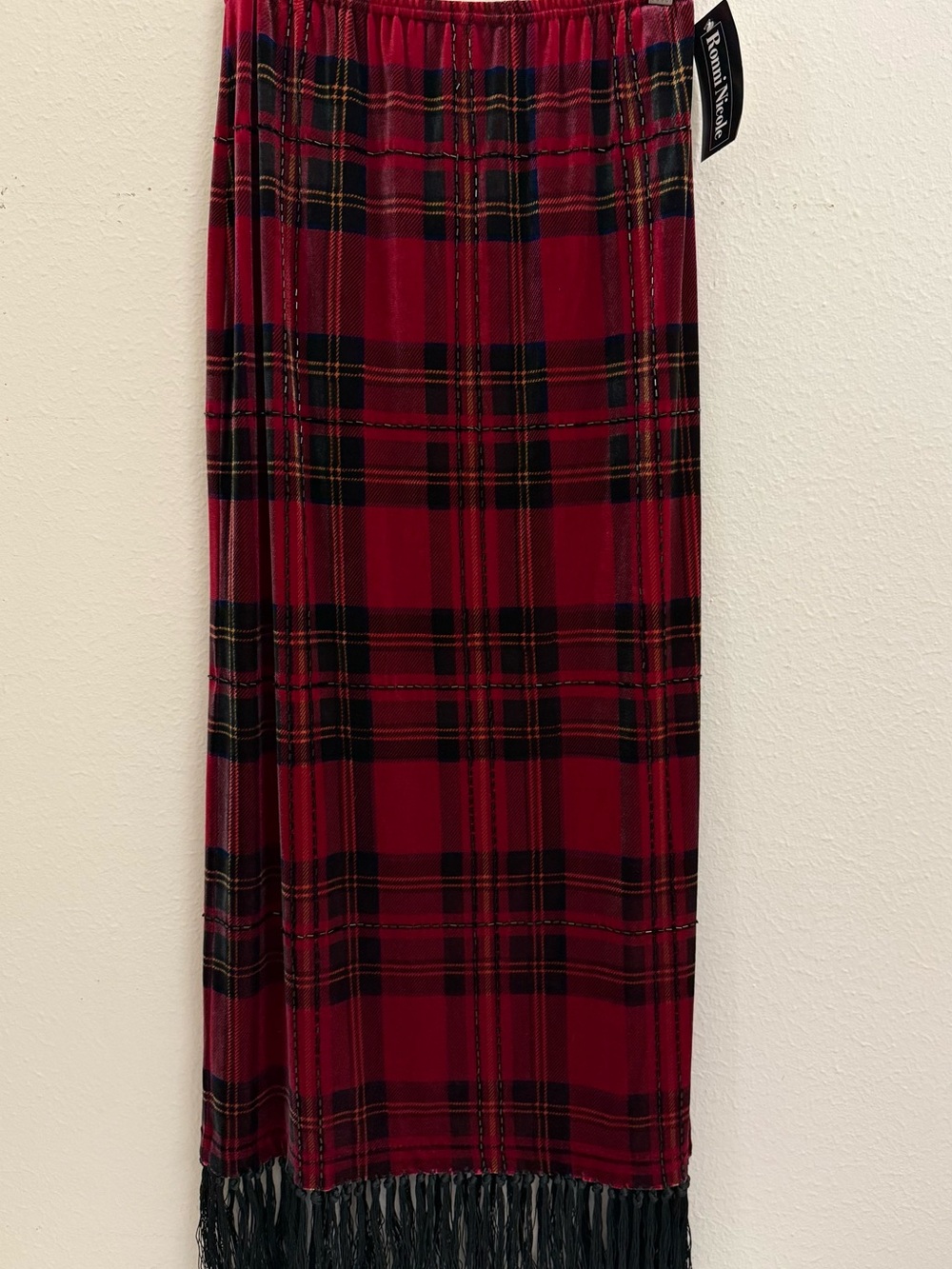 Ronni Nicole red and Black Plaid Maxi Skirt with Fringe Trim